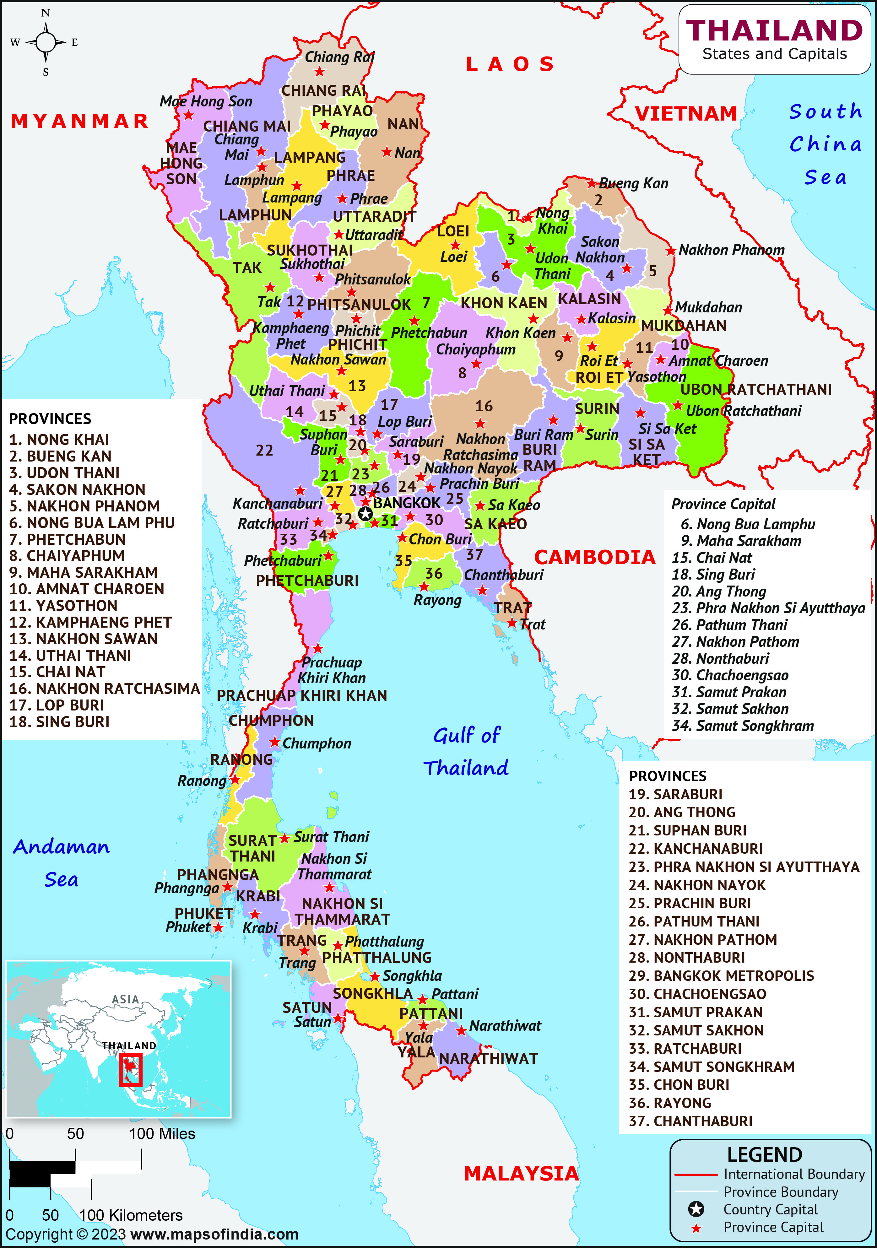 Thailand Regions  and Capital Map