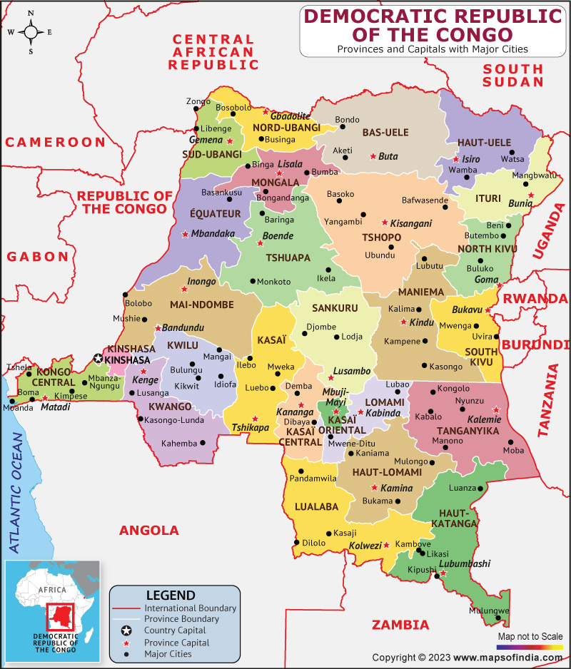 The Democratic Republic of Congo provinces and Capital Map