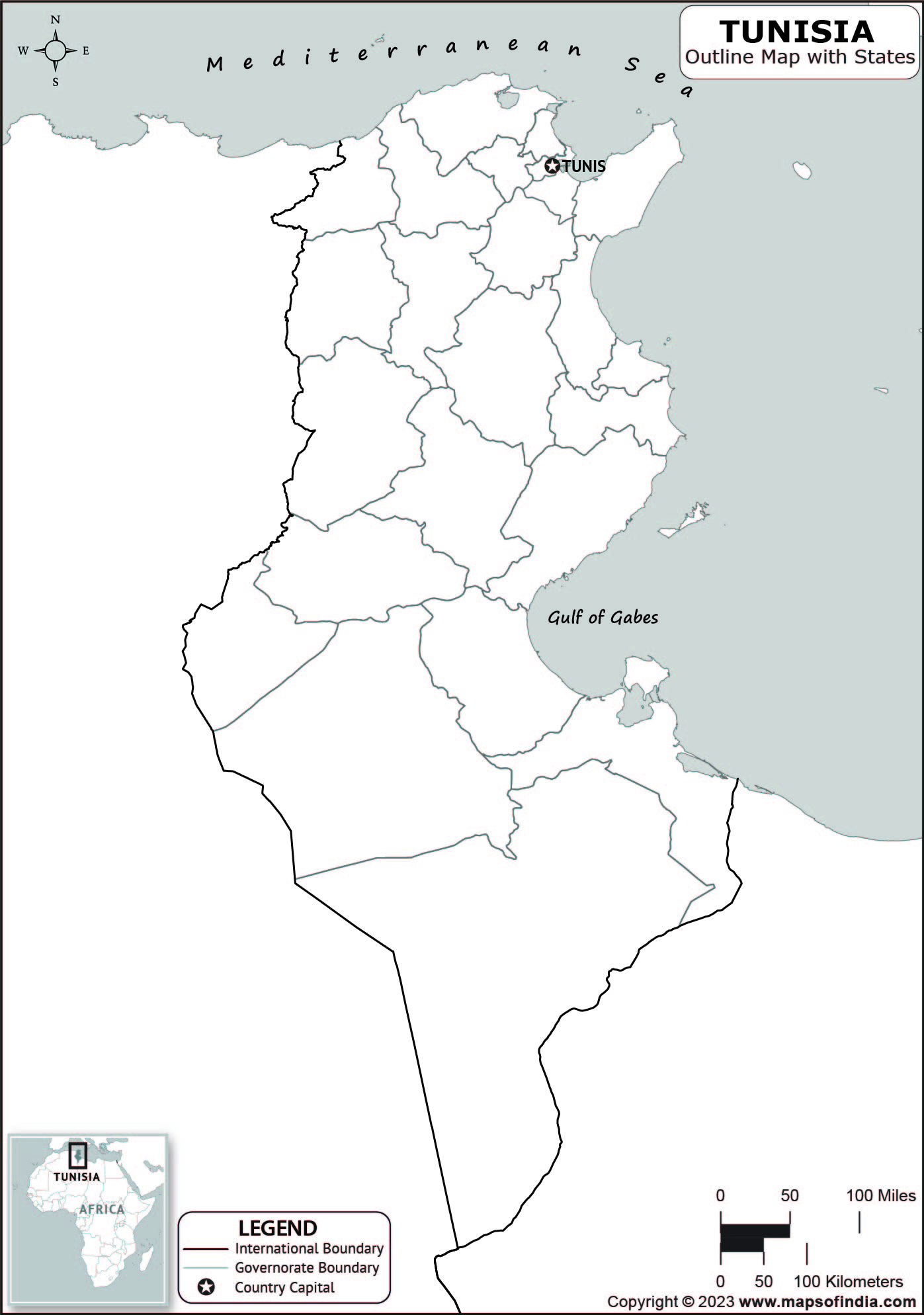 Tunisia Blank Outline Map