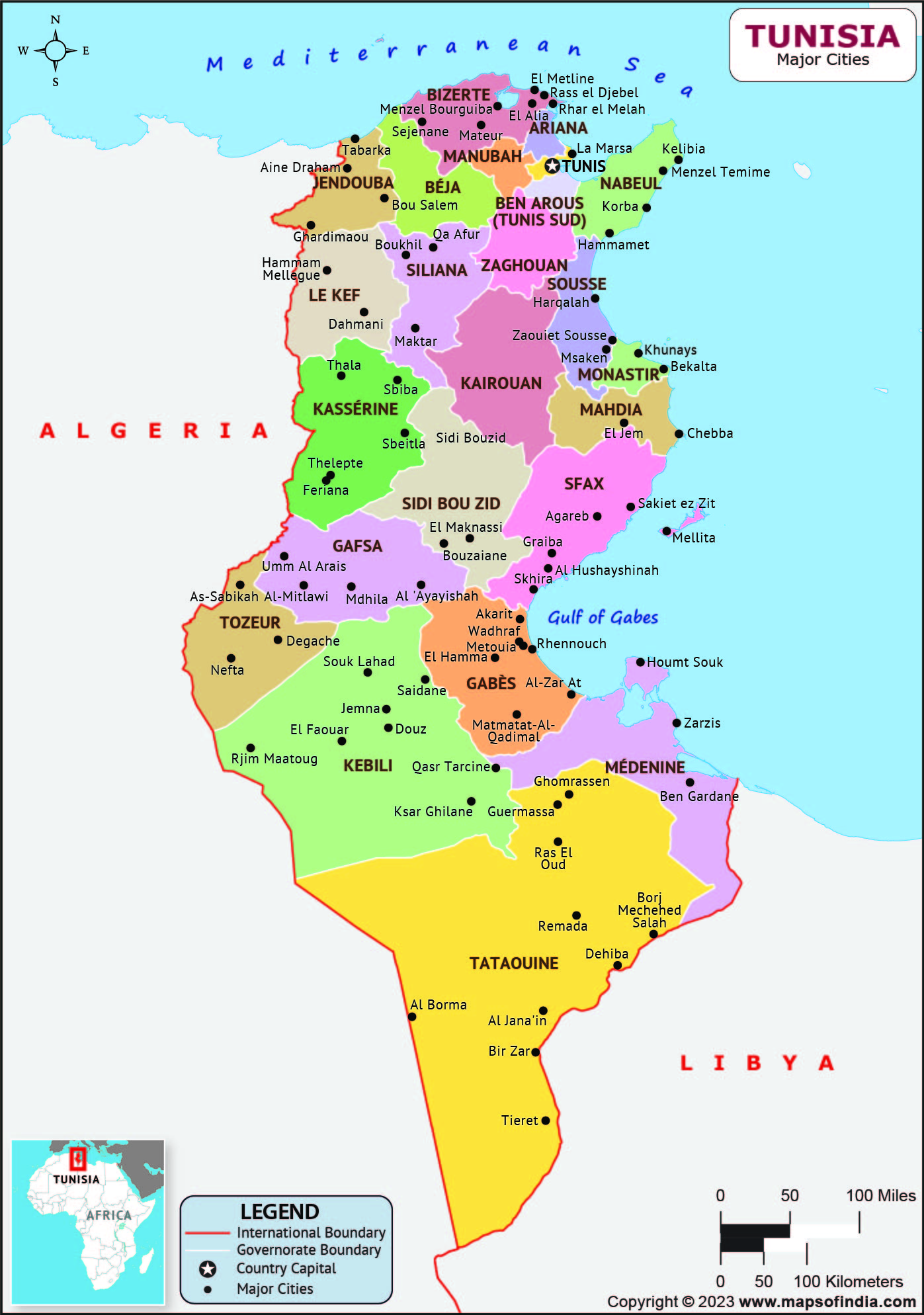 Tunisia Regions and Capital Map