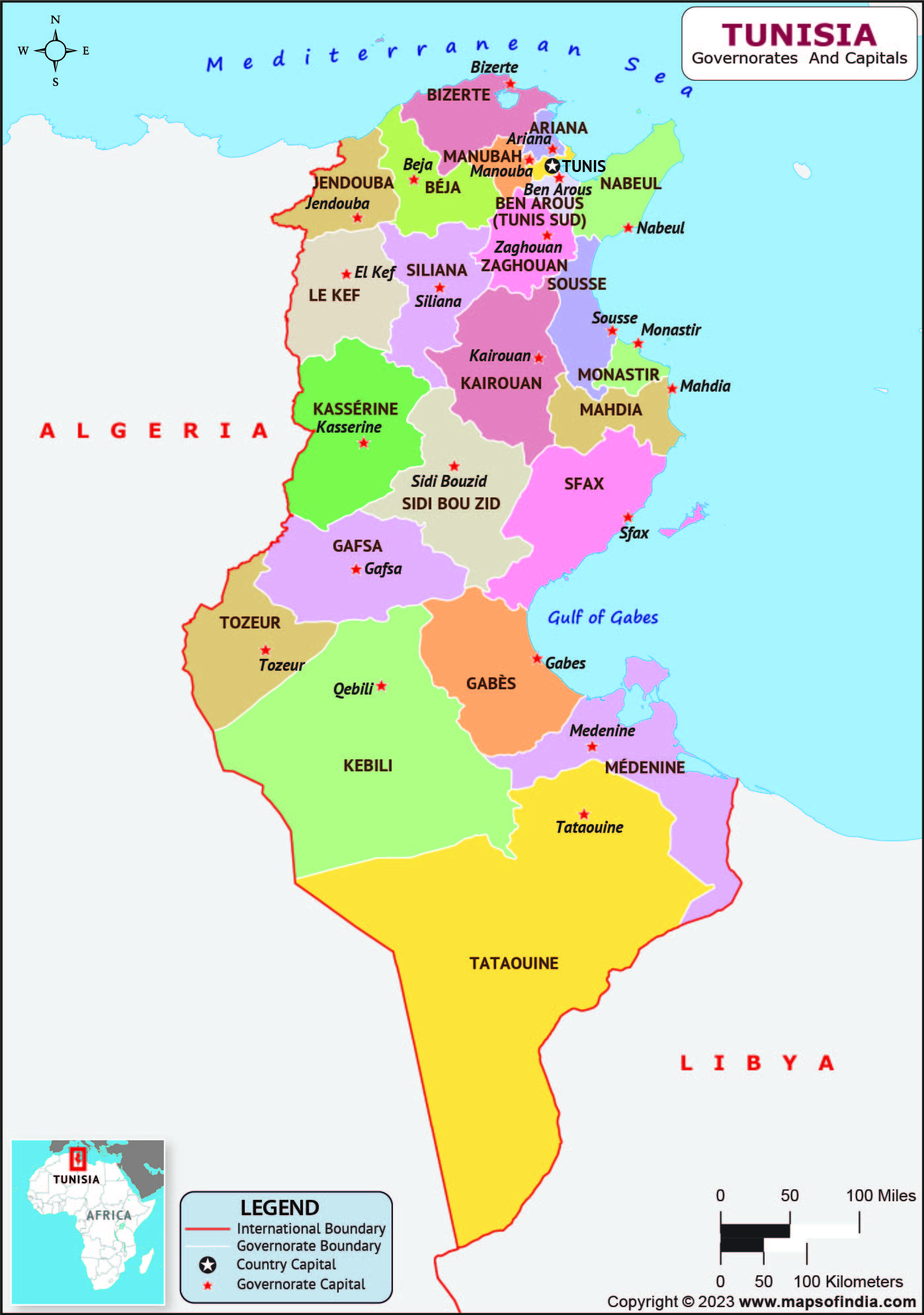 Tunisia Governorates and Capital Map