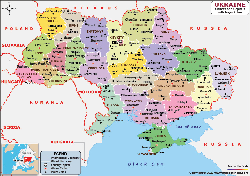 Ukraine Oblasts and Capital Map