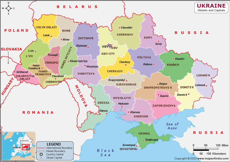 Ukraine Oblasts  and Capital Map