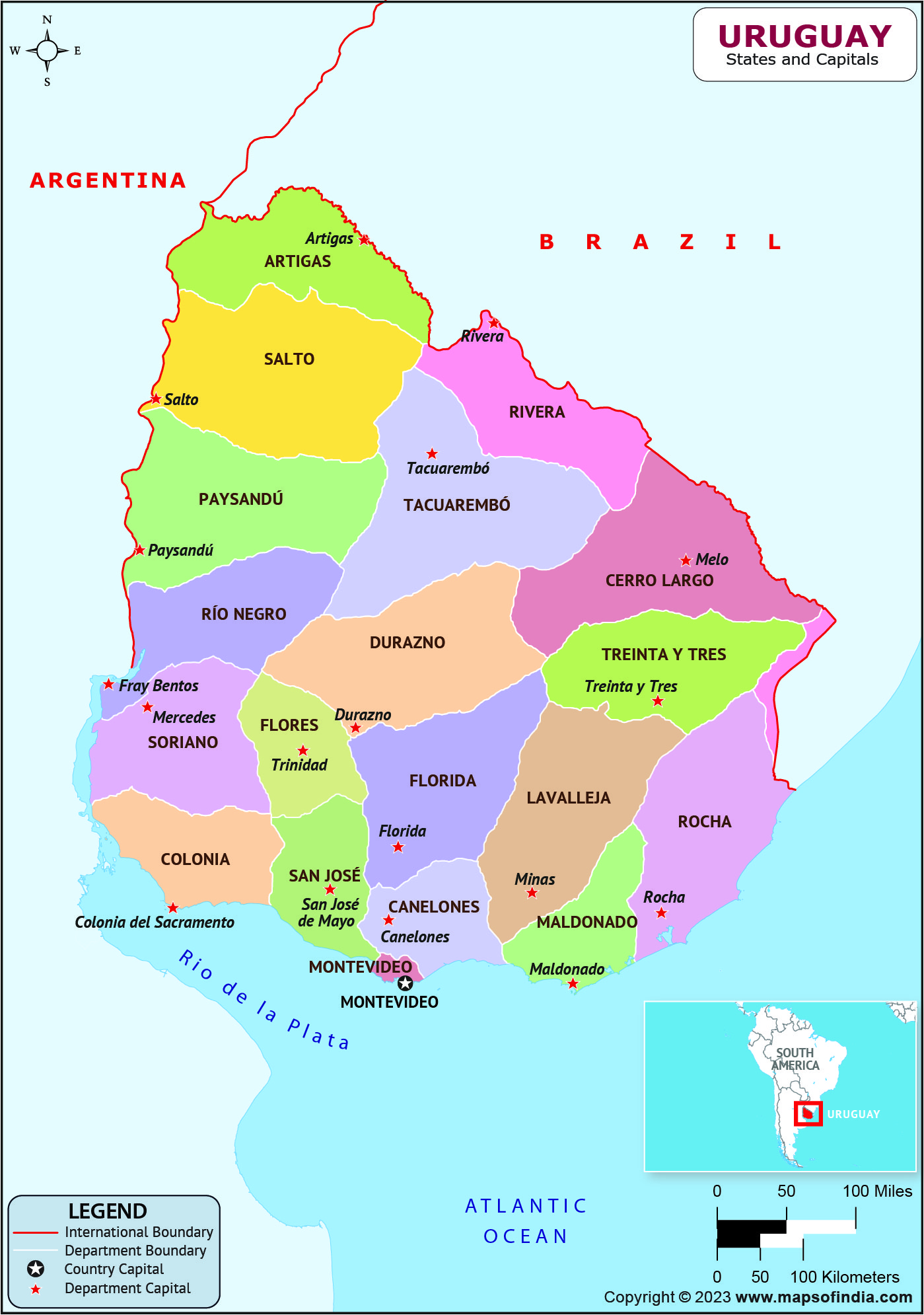 Uruguay Departments  and Capital Map