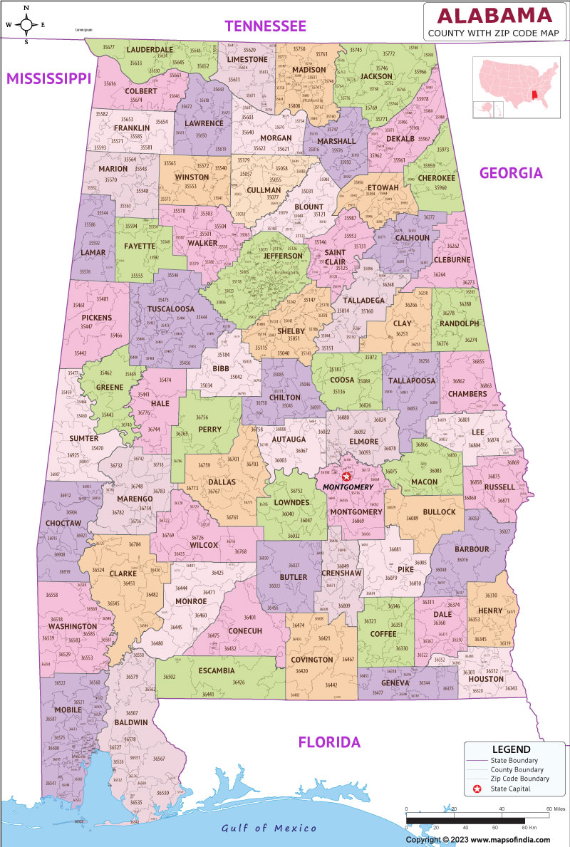 Alabama county-wise zip code map