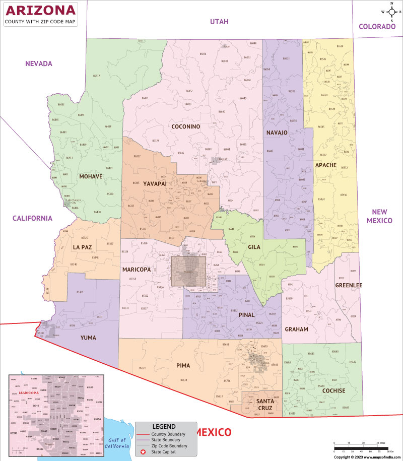Arizona county-wise zip code map