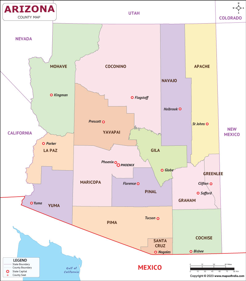Arizona map showing state counties