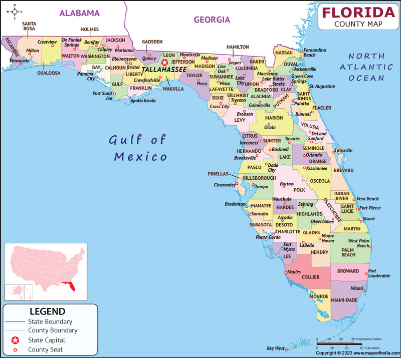 Florida map showing state counties