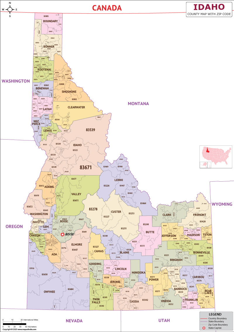 Idaho county-wise zip code map