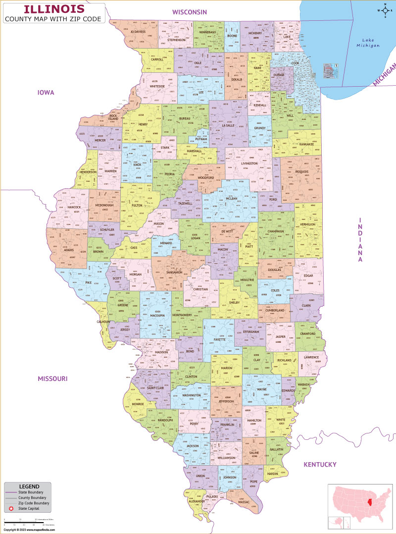 Illinois county-wise zip code map