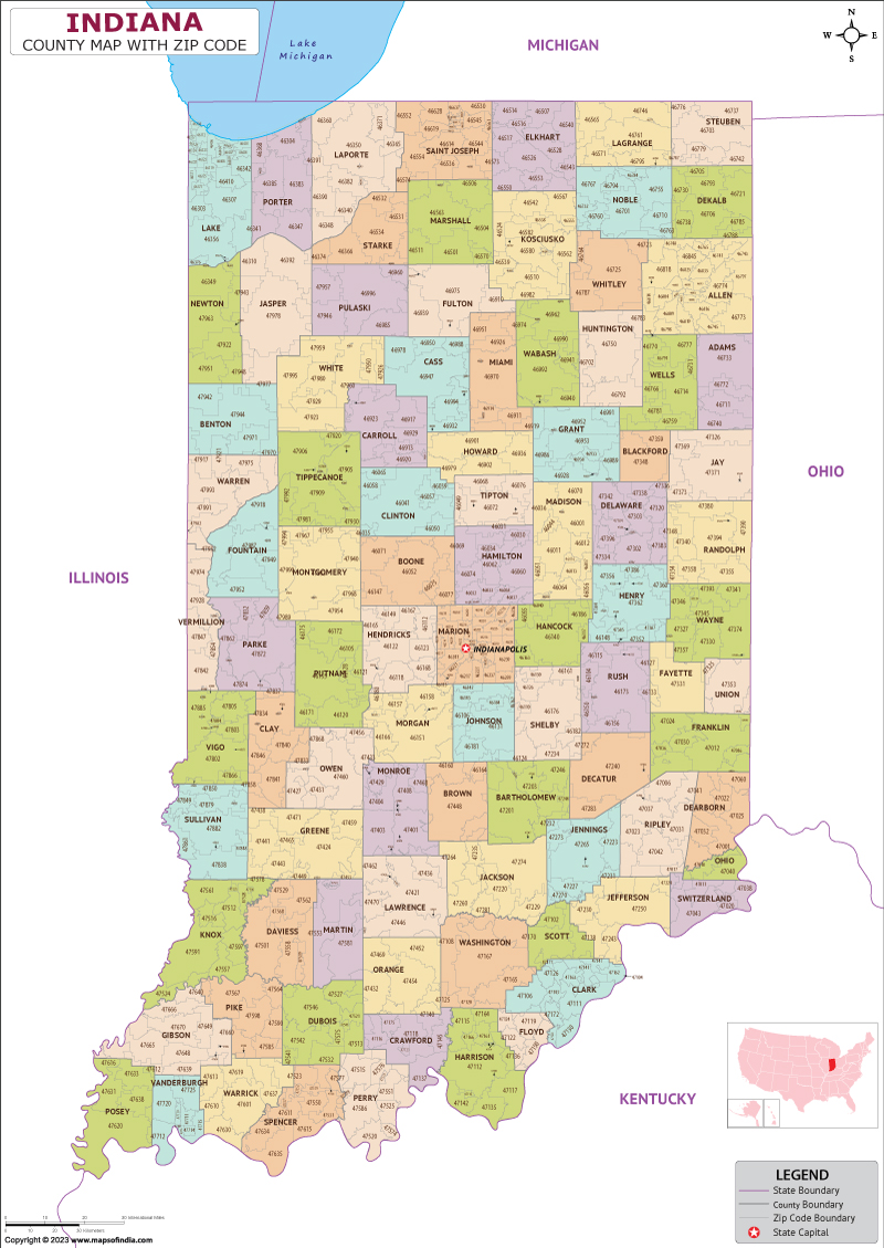 Indiana county-wise zip code map