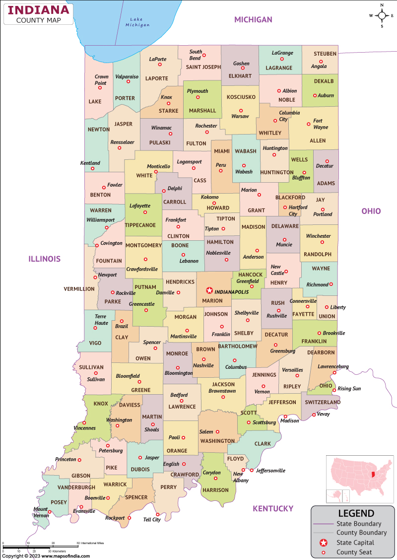 Indiana map showing state counties