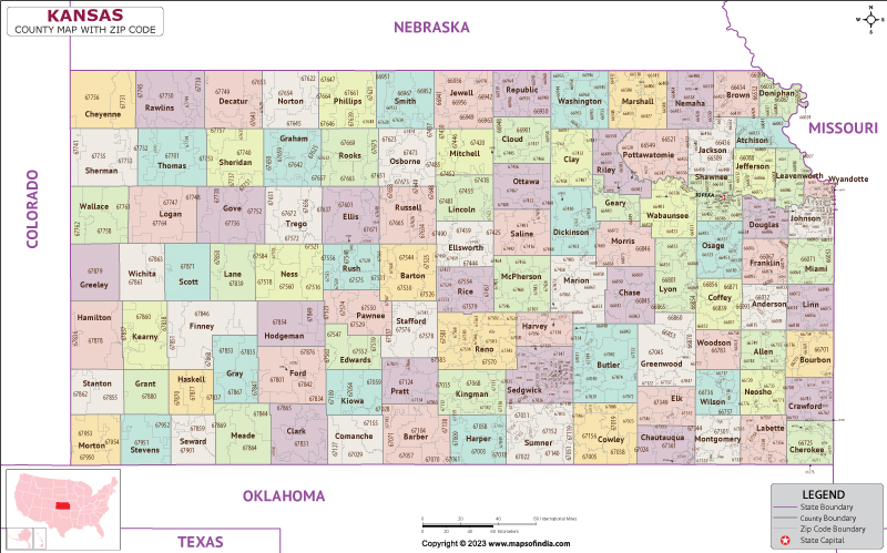 Kansas county-wise zip code map