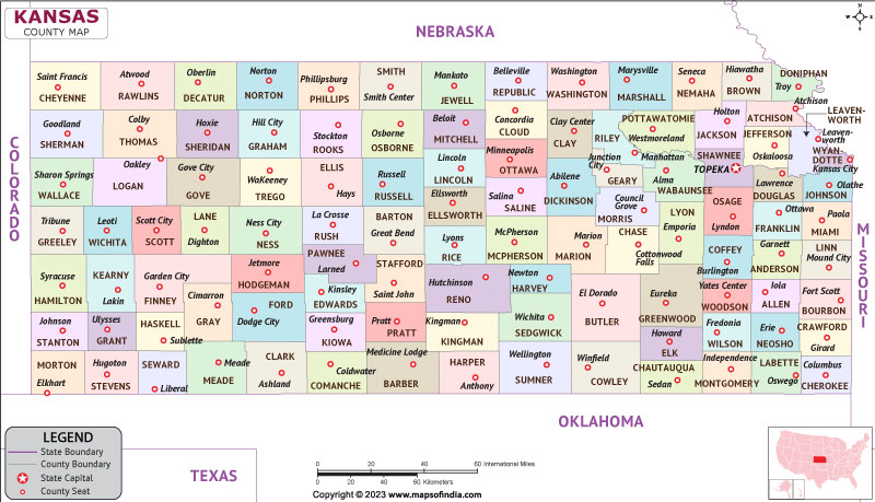 Kansas map showing state counties