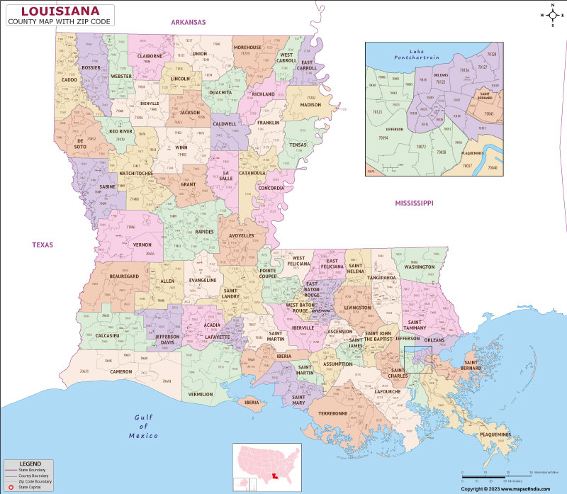 Louisiana county-wise zip code map