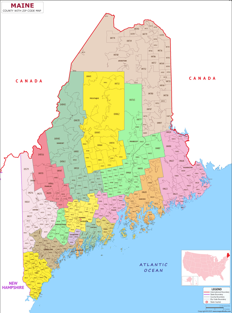 Maine county-wise zip code map