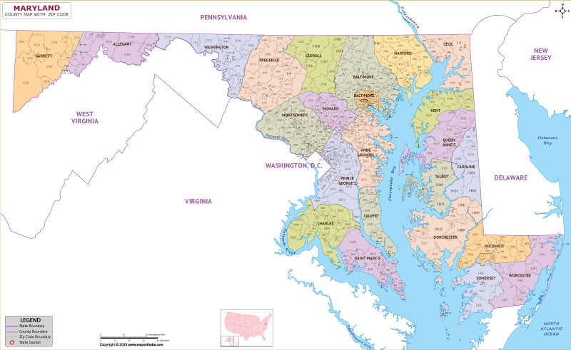 Maryland county-wise zip code map