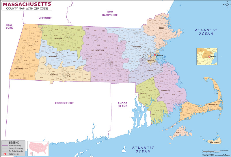 Massachusetts county-wise zip code map
