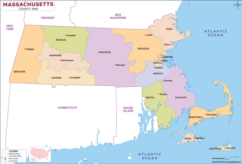 Massachusetts map showing state counties