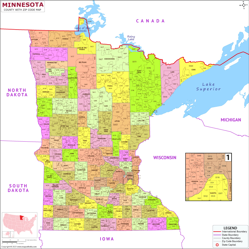 Minnesota county-wise zip code map