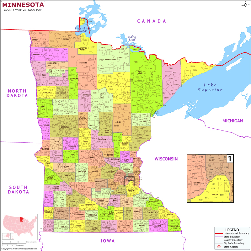 Minnesota county-wise zip code map