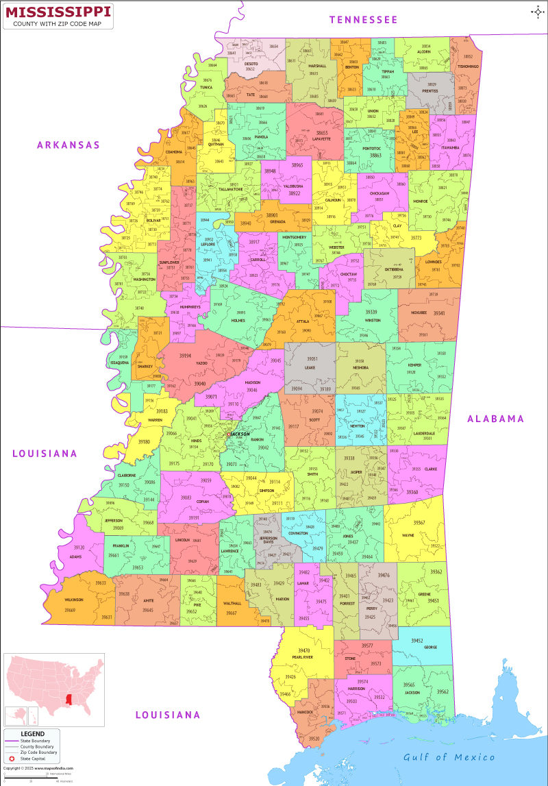 Mississippi county-wise zip code map