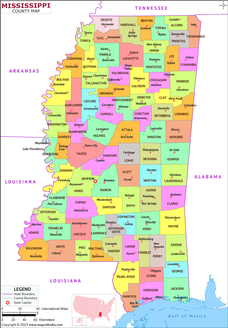 Mississippi map showing state counties