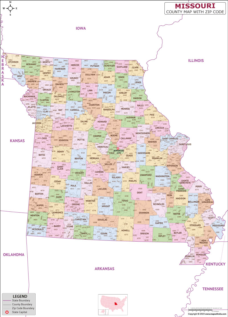 Missouri county-wise zip code map