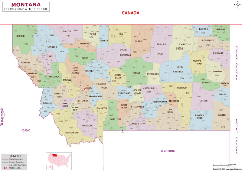 Montana county-wise zip code map