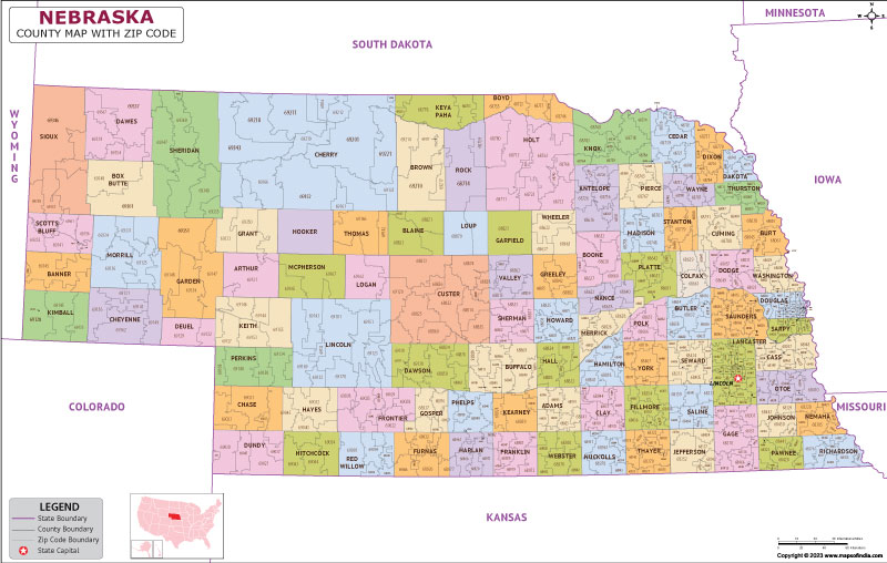 Nebraska county-wise zip code map