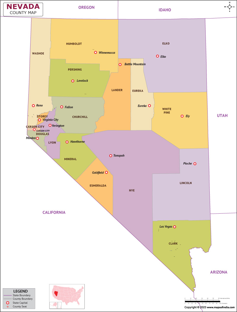 Nevada map showing state counties