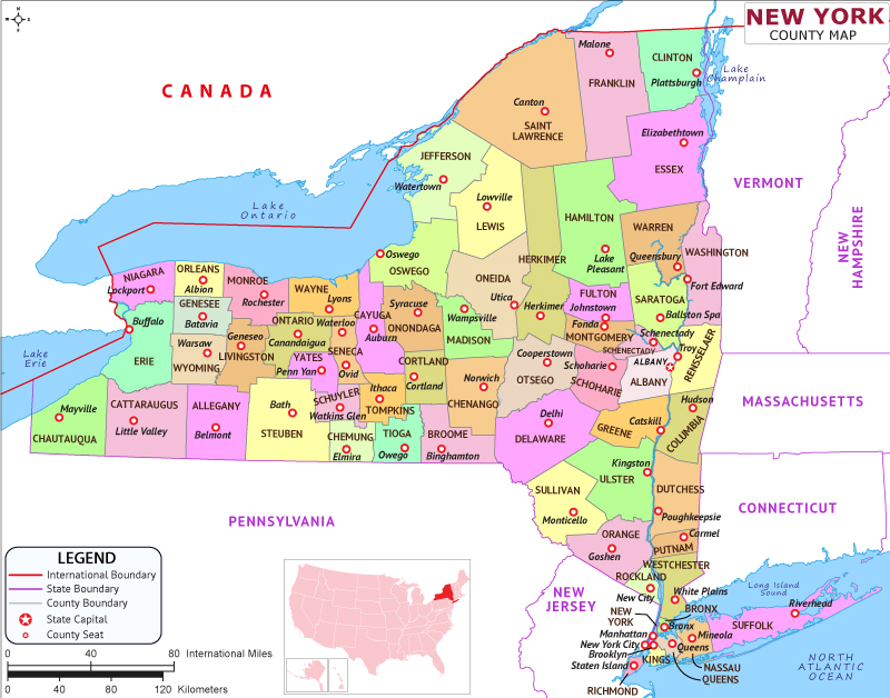 New York map showing state counties