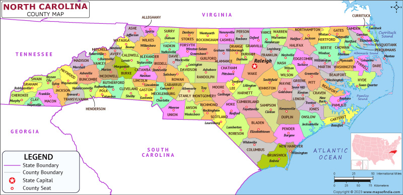 North Carolina map showing state counties