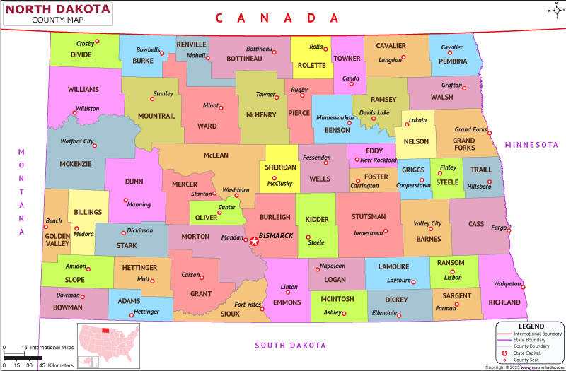 North Dakota map showing state counties