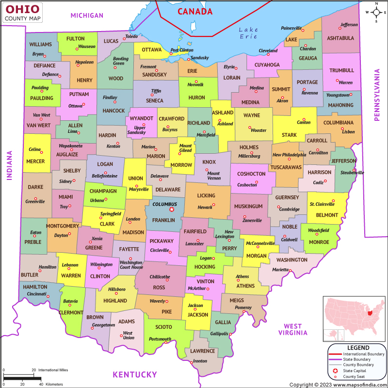 Ohio map showing state counties