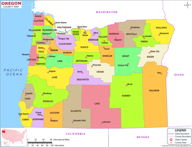 Oregon map showing state counties