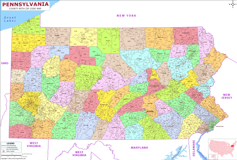 Pennsylvania county-wise zip code map