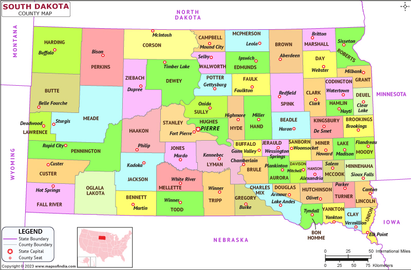 South Dakota map showing state counties