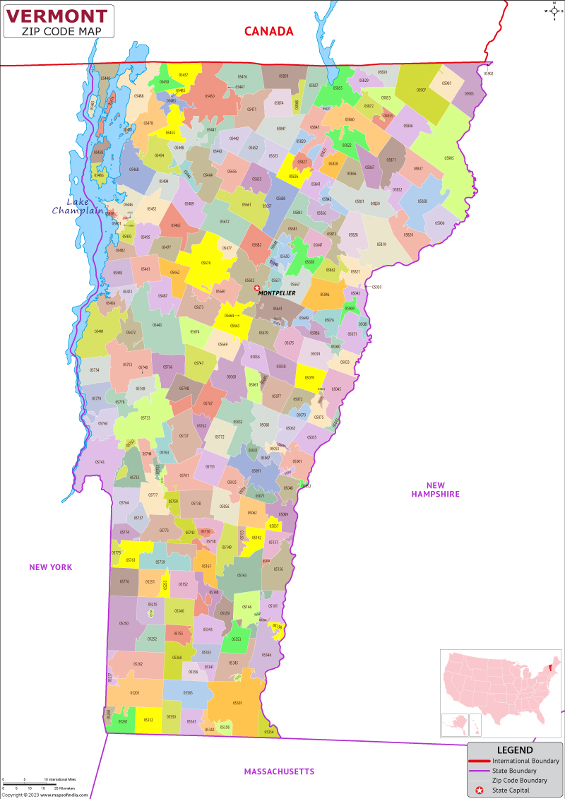 Vermont county-wise zip code map