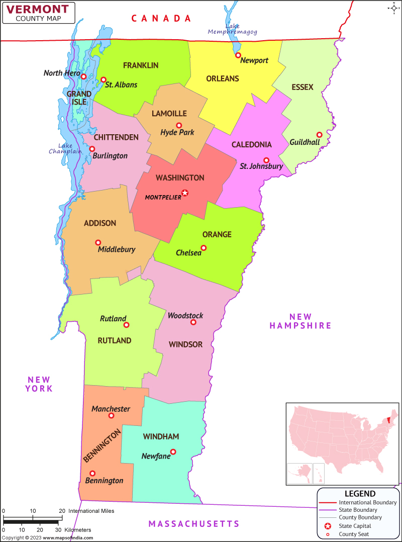 Vermont map showing state counties