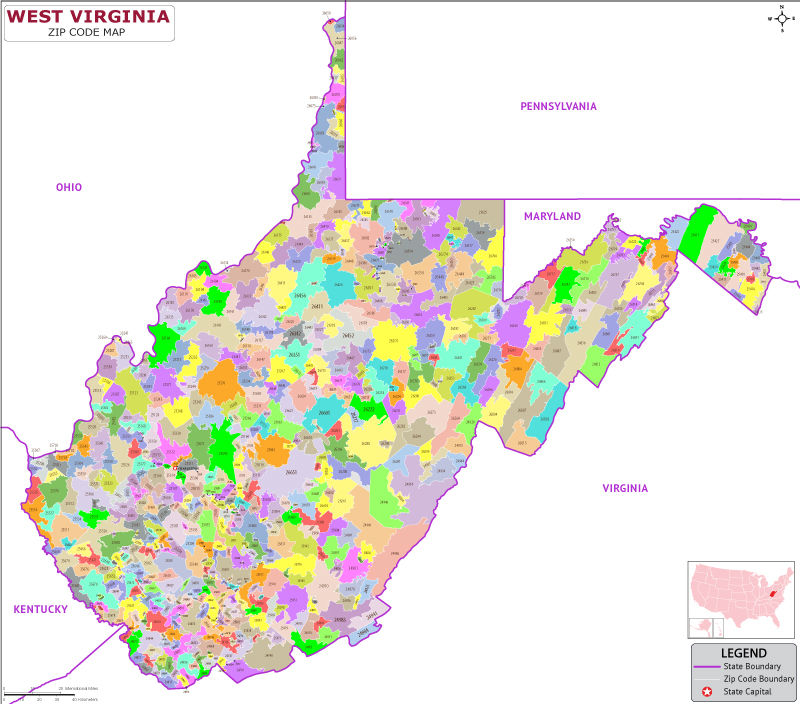 West Virginia county-wise zip code map