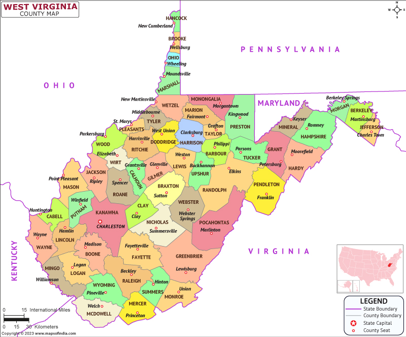 West Virginia map showing state counties