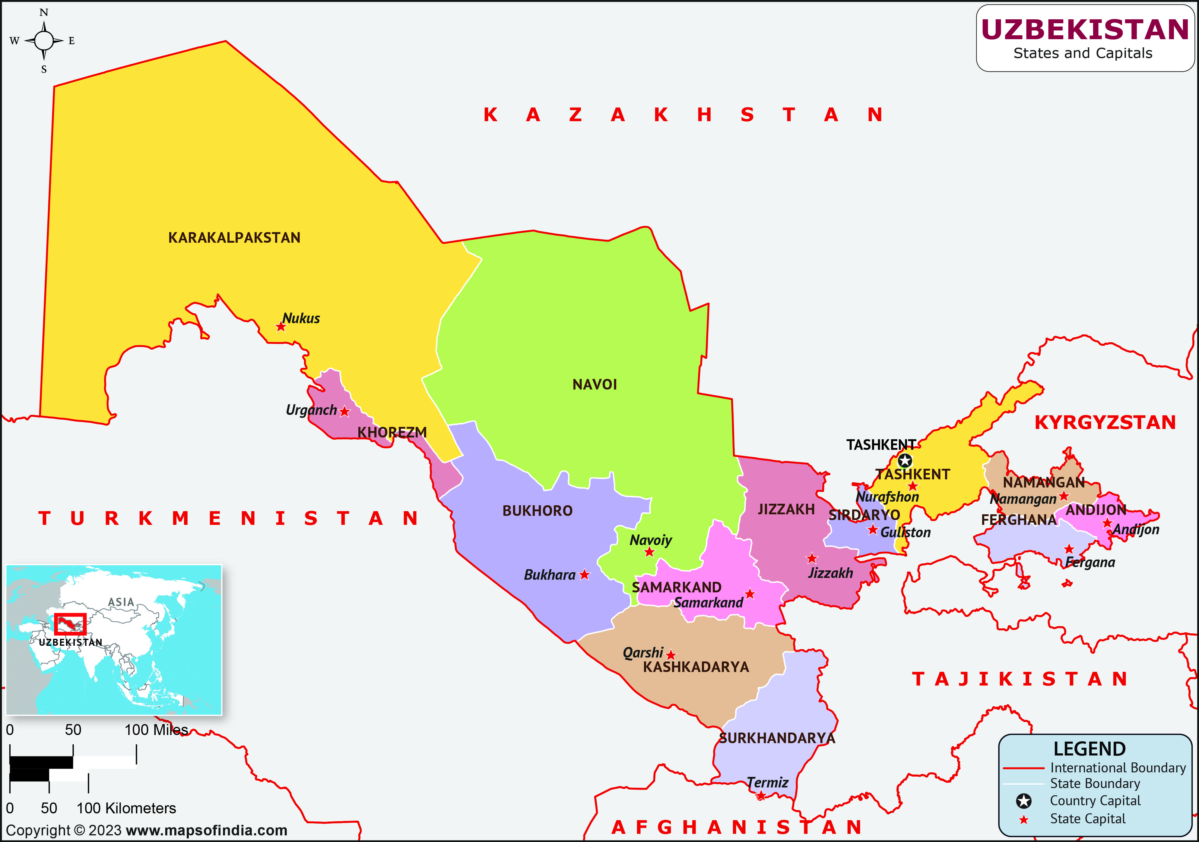 Uzbekistan Regions  and Capital Map
