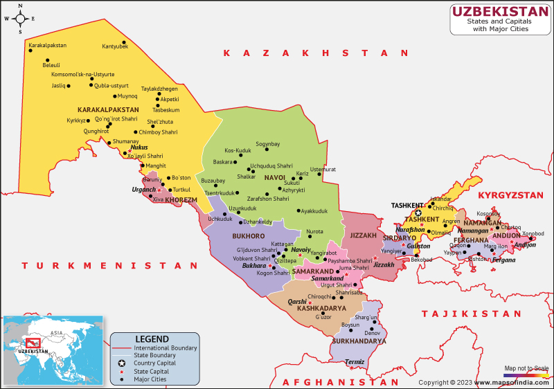 Uzbekistan States and Capital Map