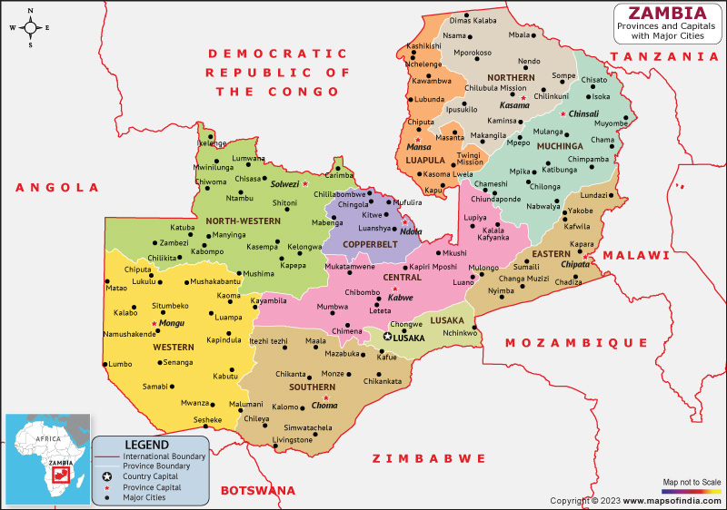 Zambia Provinces and Capital Map