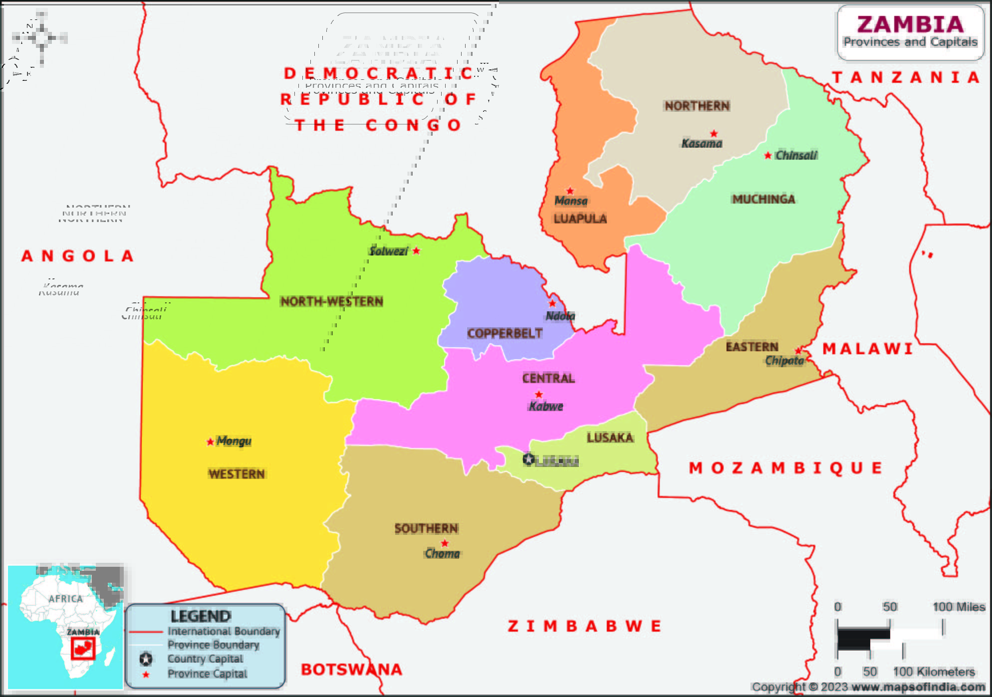 Zambia Provinces and Capital Map