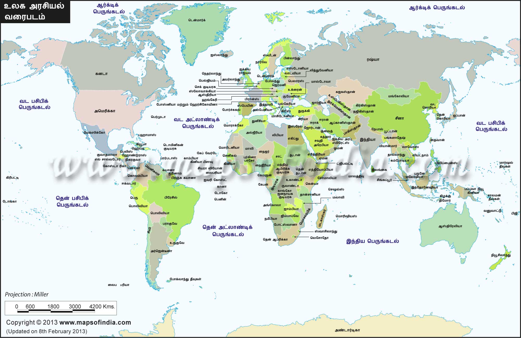 Large Political Map of World in Tamil