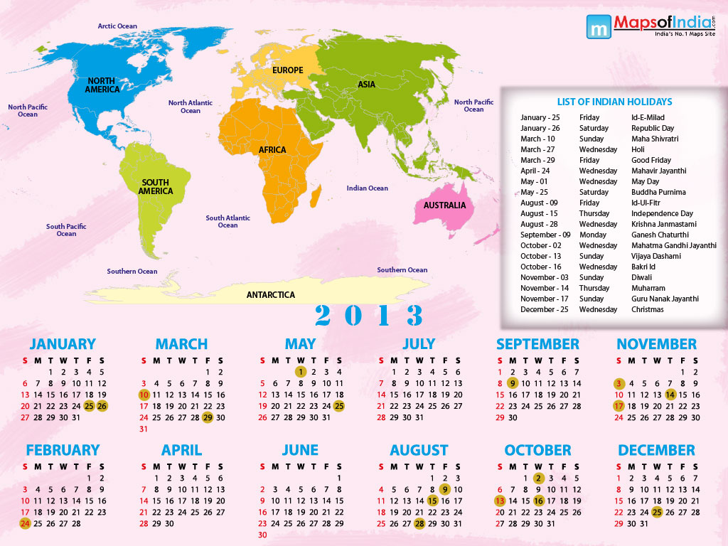 2013 World Map with Calendar