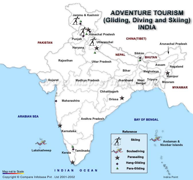Map locating Major Adventure Tourism - Gliding, Diving and Skiing in India