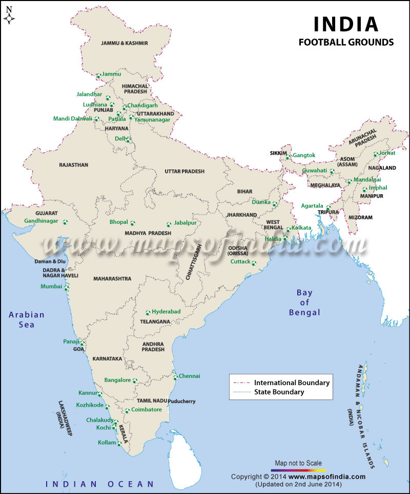 Map Locating Major Football Stadiums in India